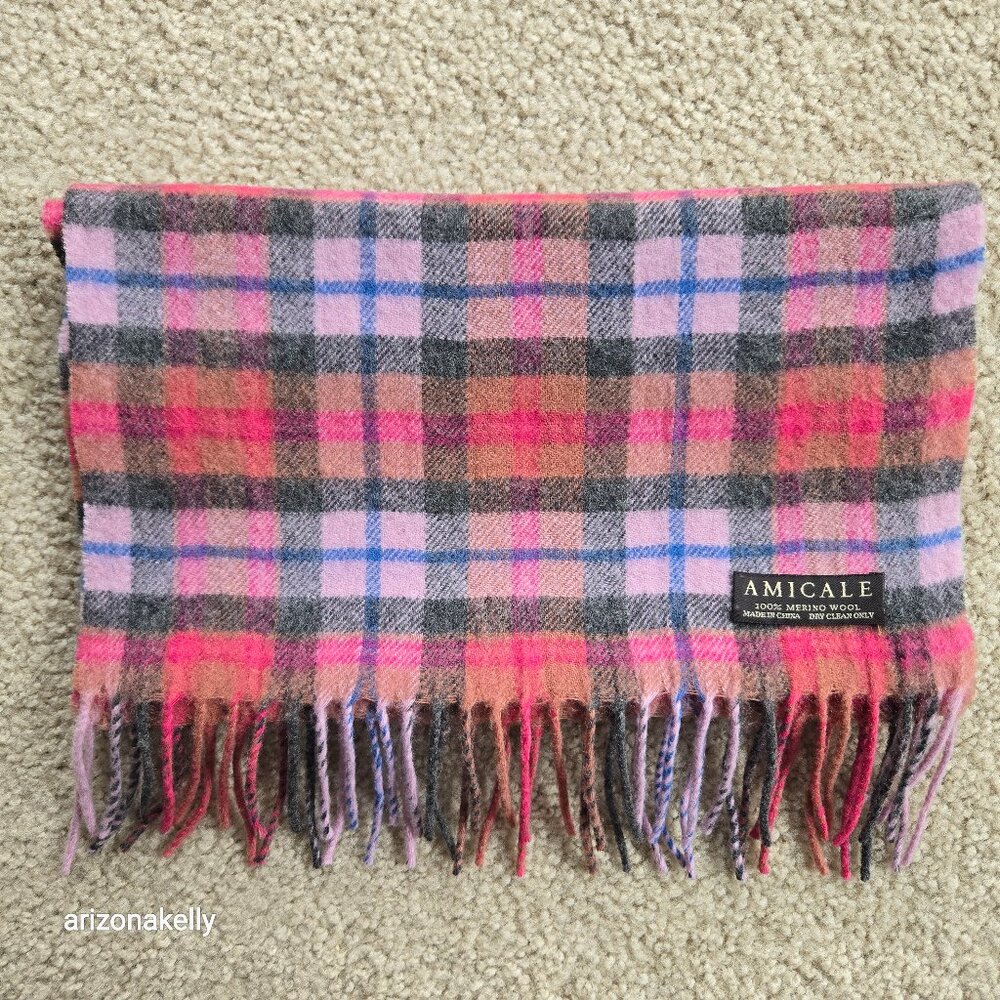 NWOT Amicale 100% Merino Wool Pink Plaid Scarf - Picture 2 of 8